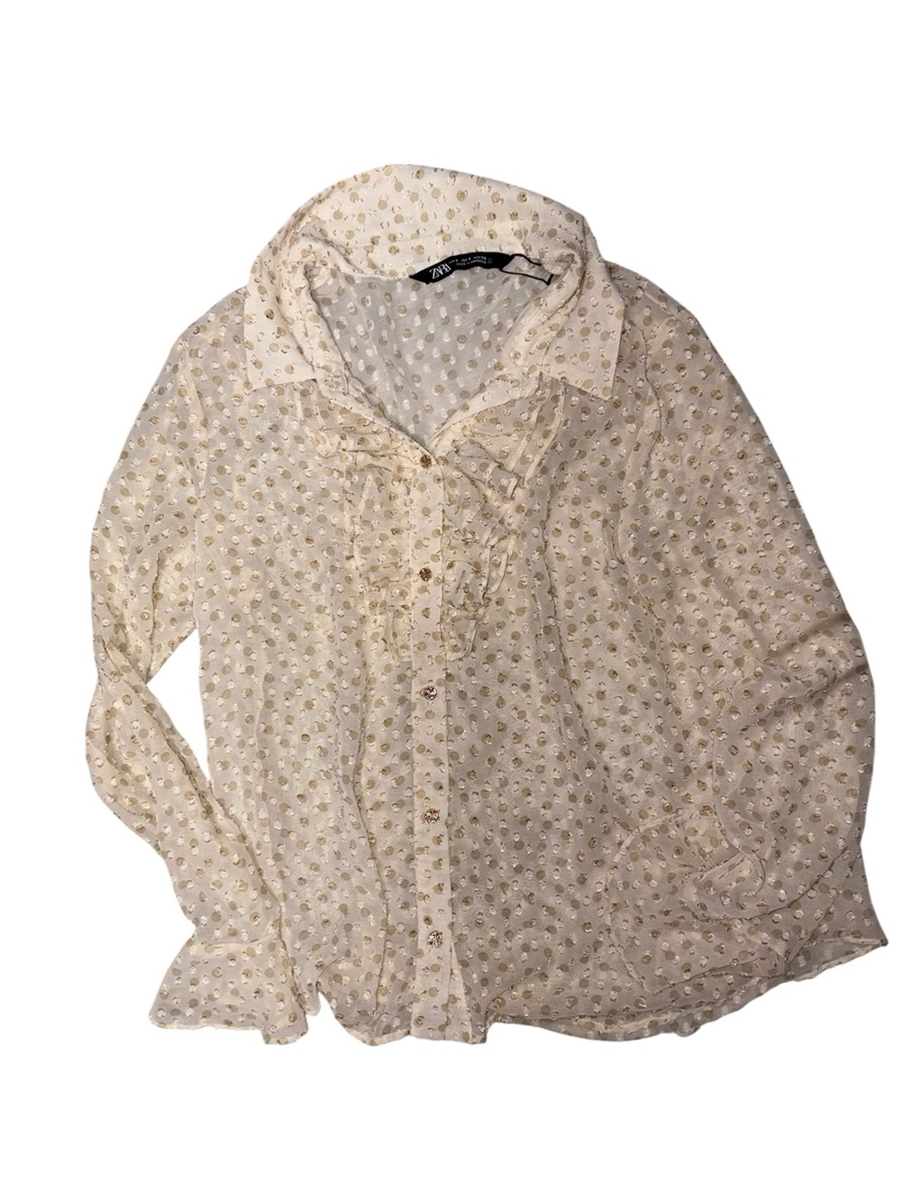 Zara Semi-Sheer Ruffled Button-Up Blouse in Cream with Gold Dots